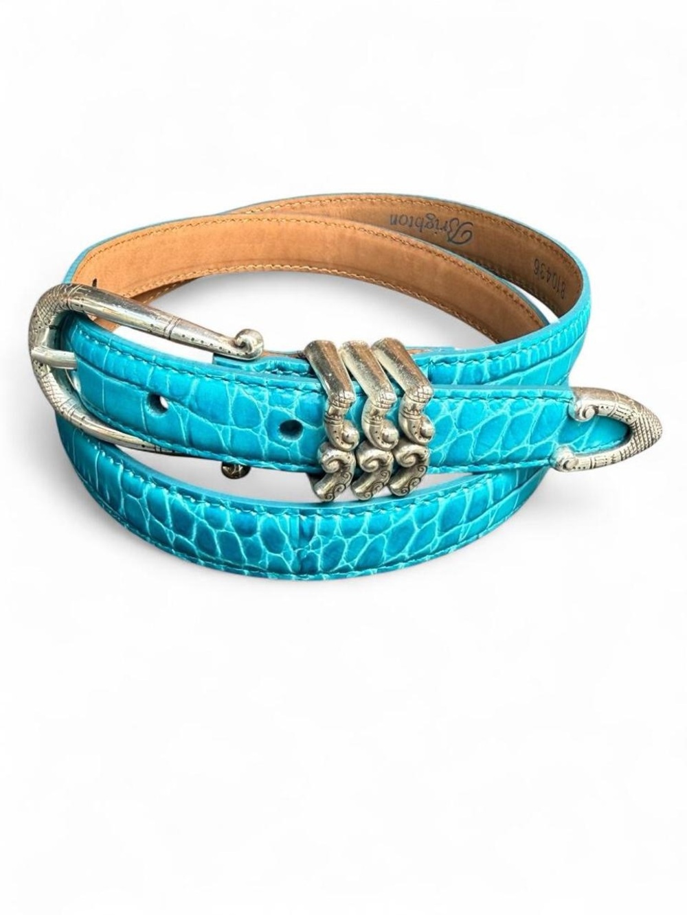 Brighton Turquoise Croc-Embossed Leather Belt with Decorative Silver Buckle